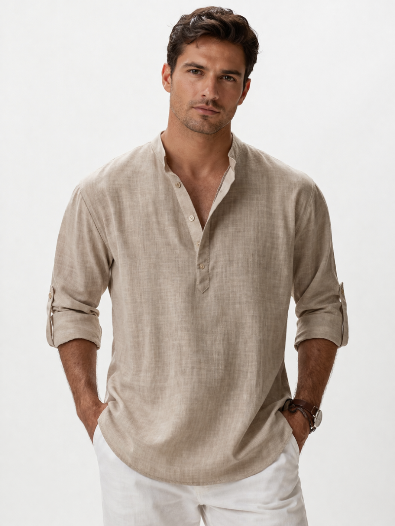Men wearing beige collarless linen shirt button up lightweight breathable summer casual style