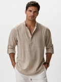 Men wearing beige collarless linen shirt button up lightweight breathable summer casual style
