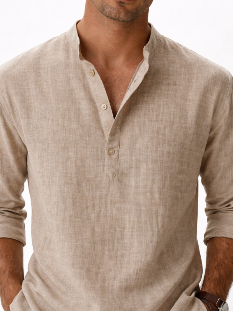 Men’s beige linen shirt collarless button up lightweight comfortable everyday and vacation wear