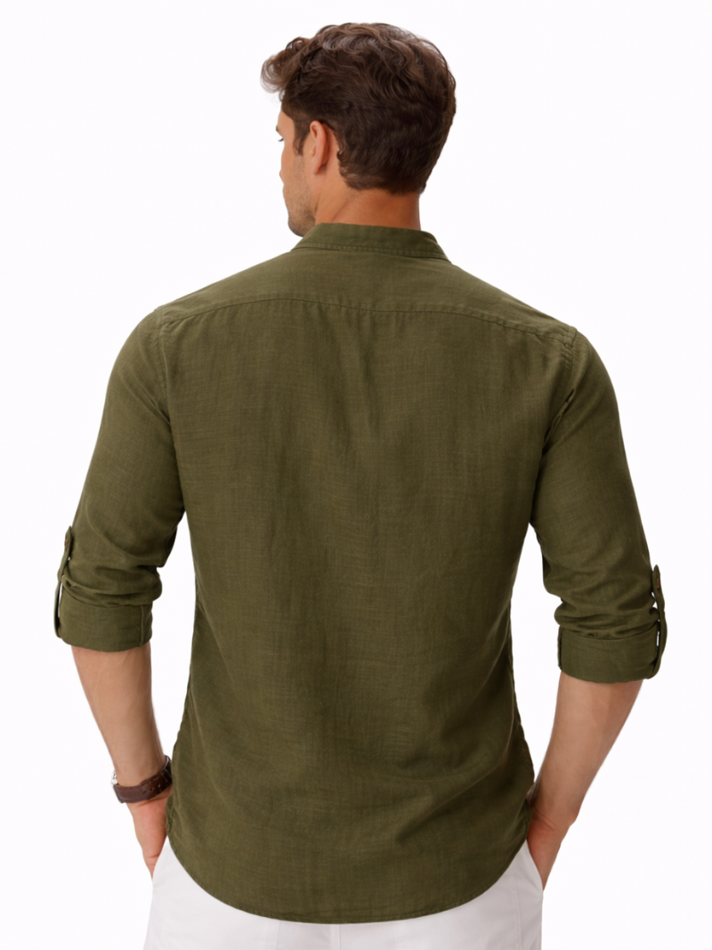 Green linen button up shirt collarless design soft breathable fabric casual everyday outfit