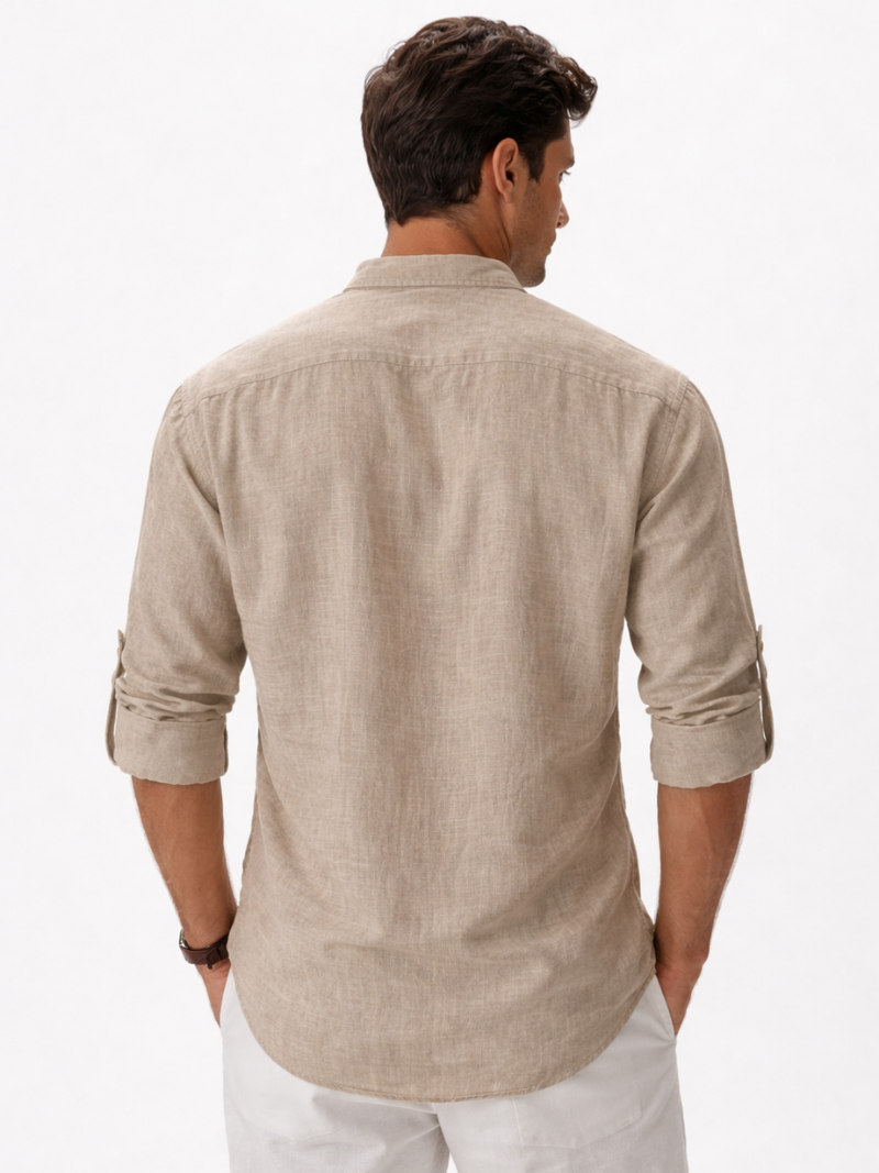 Beige linen button up shirt collarless design soft breathable fabric relaxed summer outfit