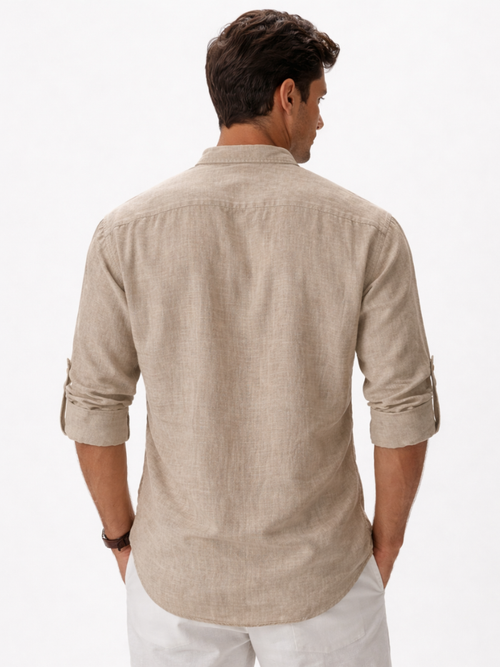 Beige linen button up shirt collarless design soft breathable fabric relaxed summer outfit