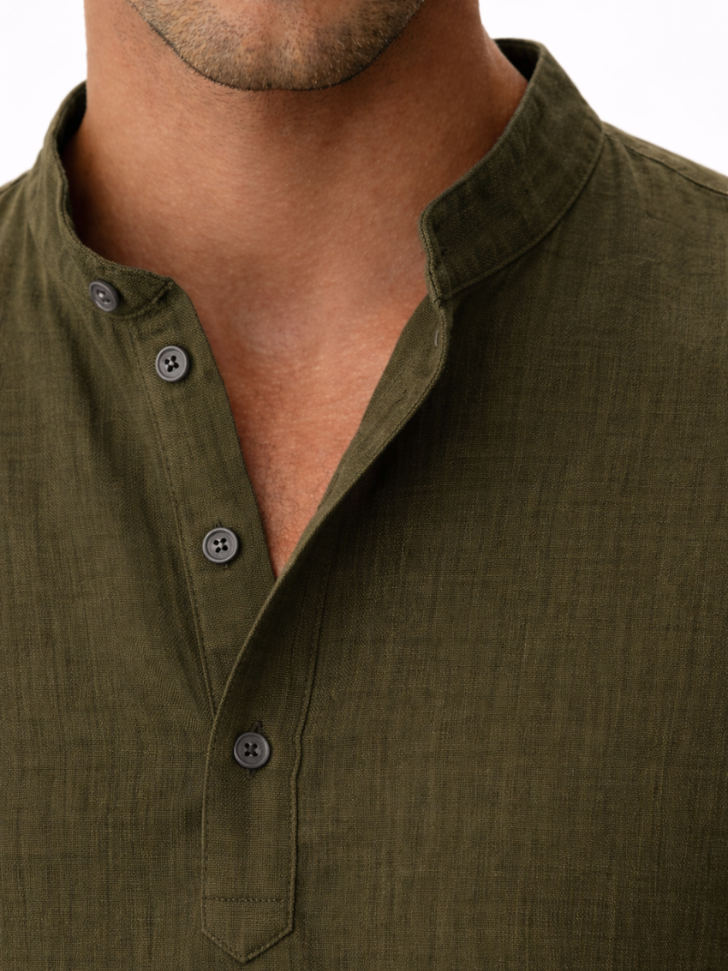 Men’s green linen shirt collarless button up lightweight comfortable summer wear
