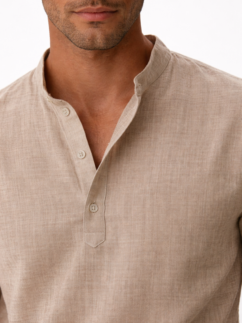 Beige collarless linen shirt button up soft breathable fabric minimal refined summer look