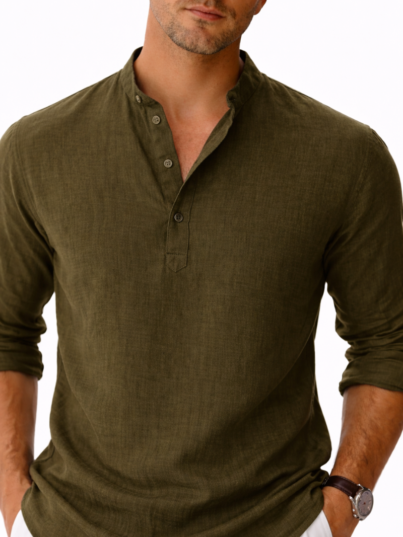 Green collarless linen shirt button up soft breathable fabric minimal modern casual look