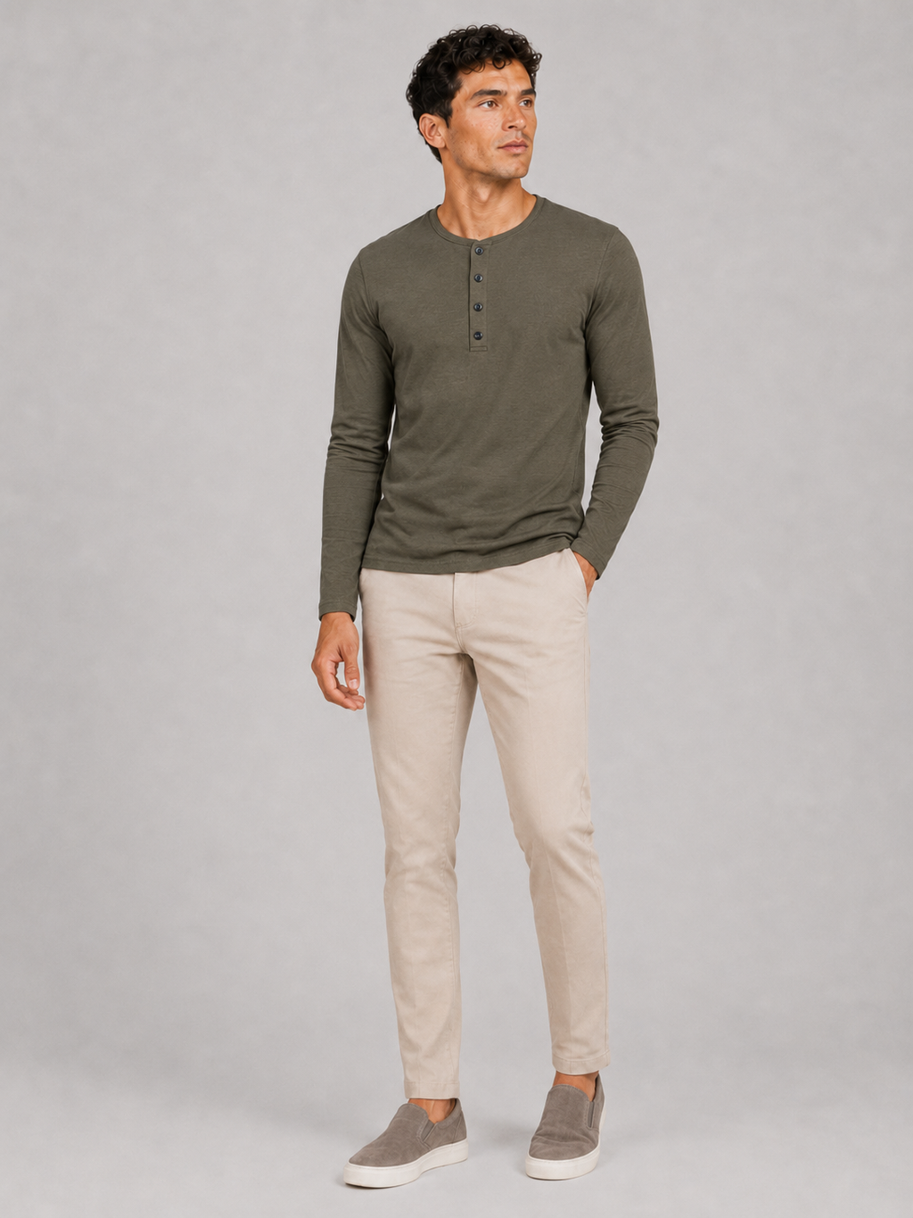 Men’s army green long sleeve henley shirt slim fit comfortable spring wear
