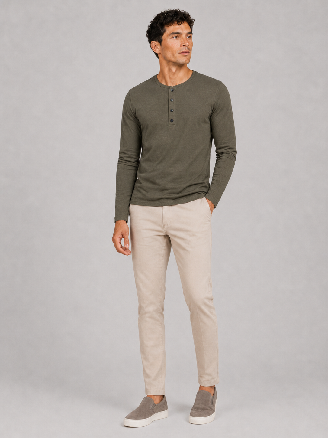 Men’s army green long sleeve henley shirt slim fit comfortable spring wear