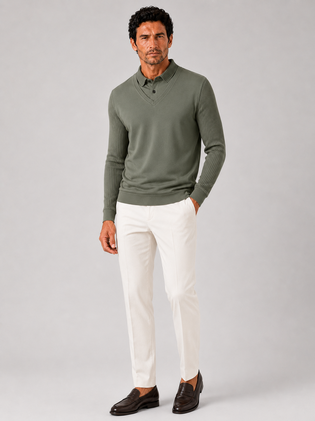 Army green long sleeve polo shirt for men comfortable all season top for office and vacation wear
