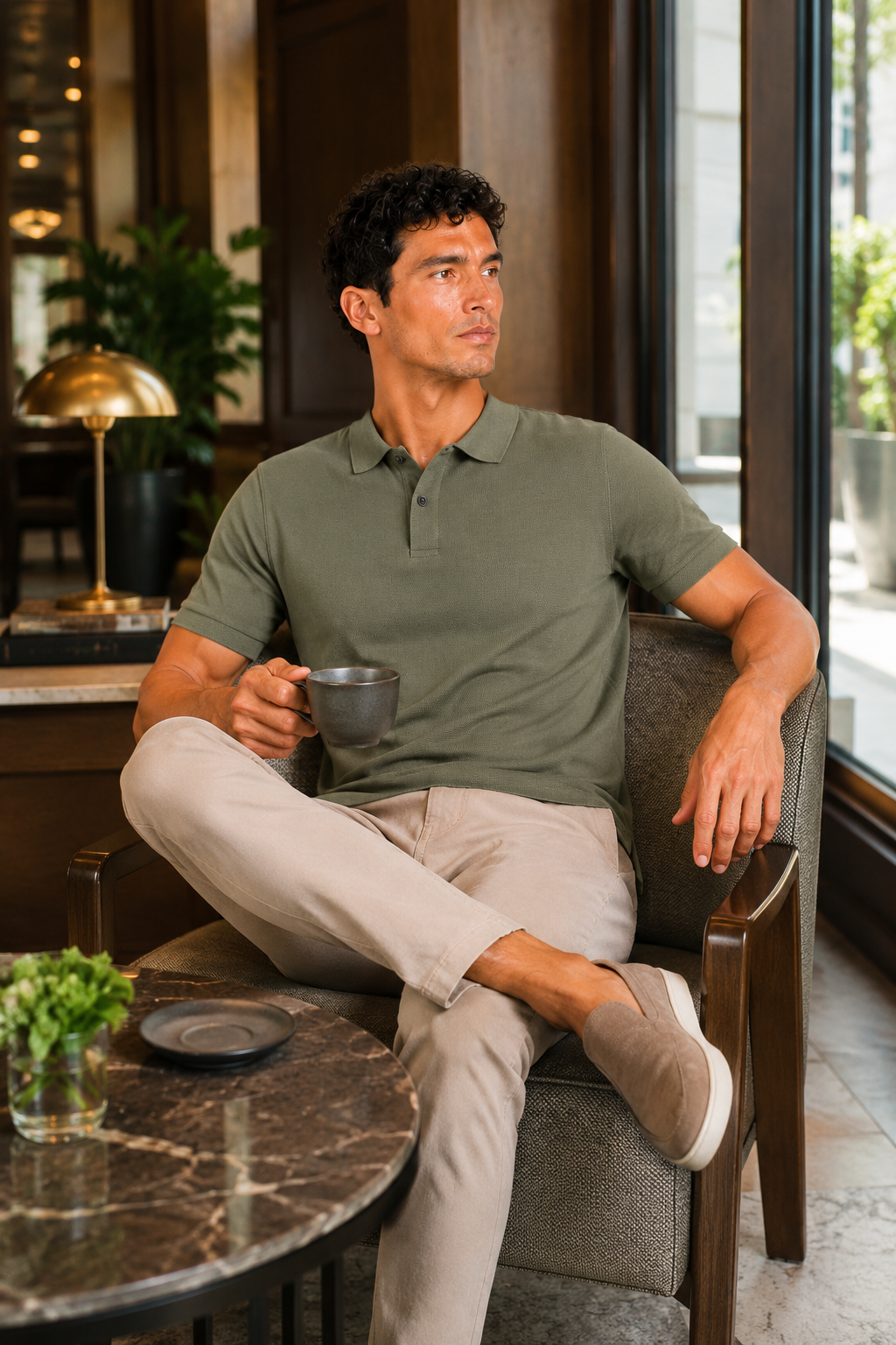 Man styling army green polo shirt in a relaxed summer lifestyle outfit for golf and casual wear