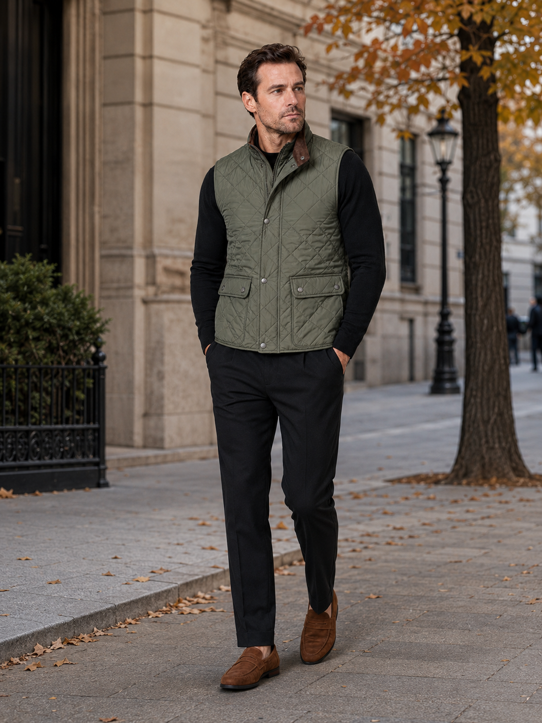 Man wearing an army green quilted multi-pocket vest in a casual fall winter outfit for outdoor and everyday wear