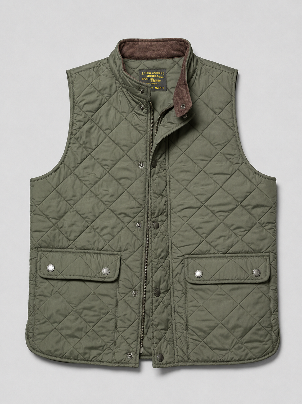 Army green men’s thick padded quilted vest with a polo collar and multi-pocket design displayed on a plain background