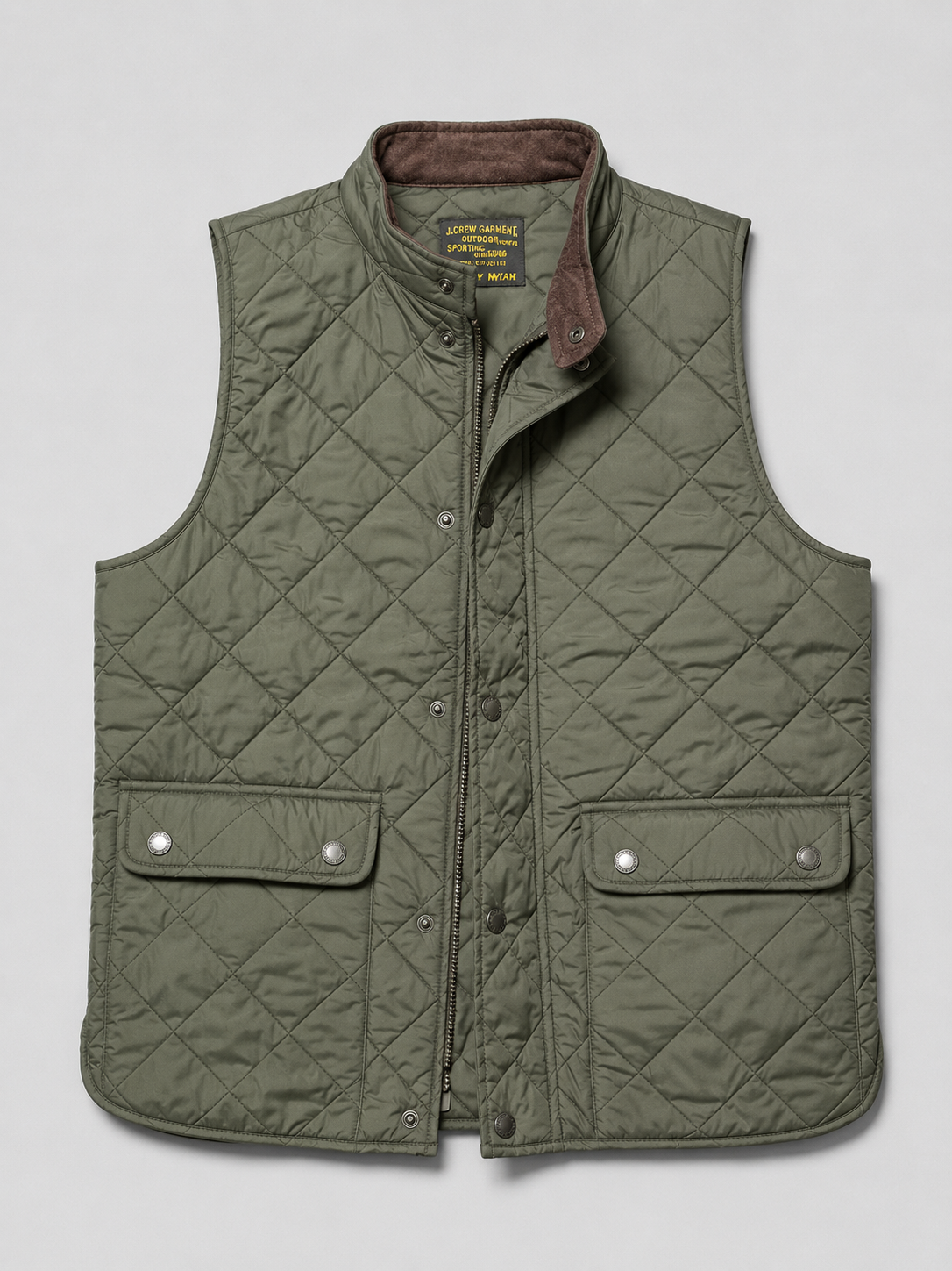 Army green men’s thick padded quilted vest with a polo collar and multi-pocket design displayed on a plain background