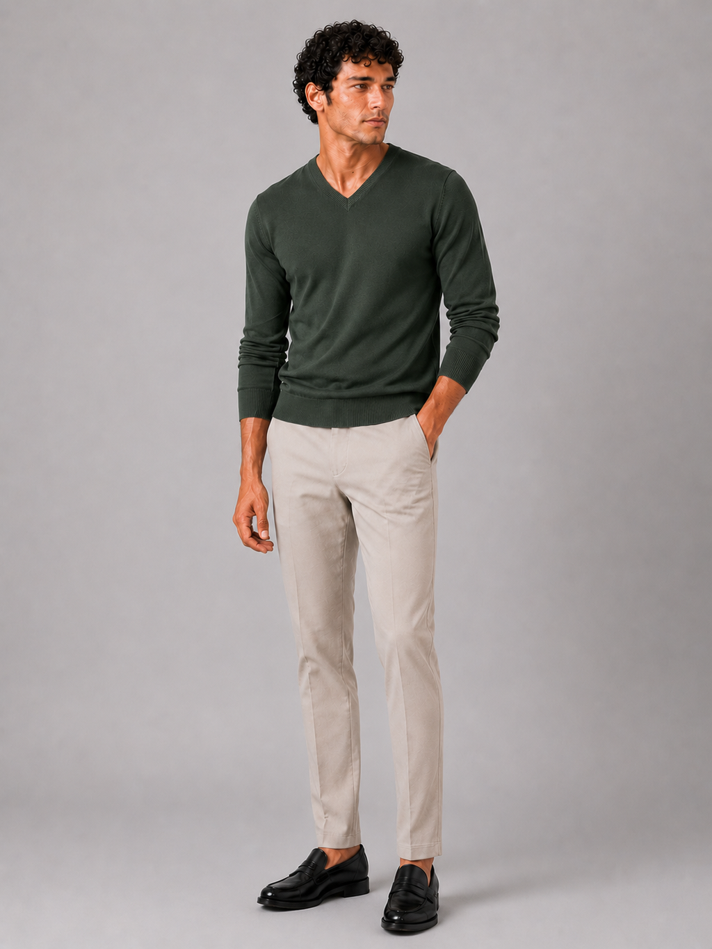 Army green v neck sweater for men slim fit long sleeve pullover for everyday fall wear