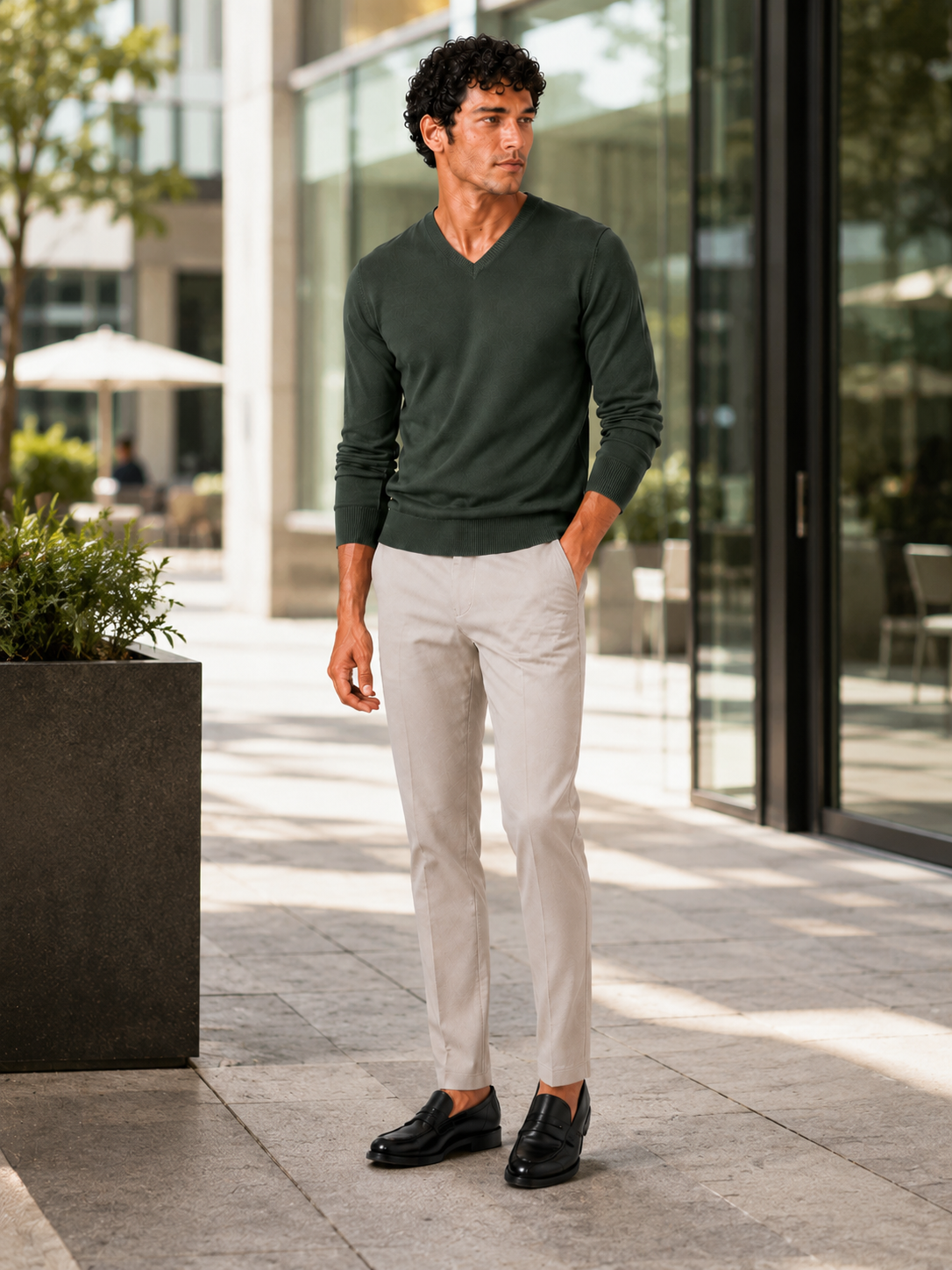 Man styling army green v neck knit sweater in a rugged fall lifestyle outfit