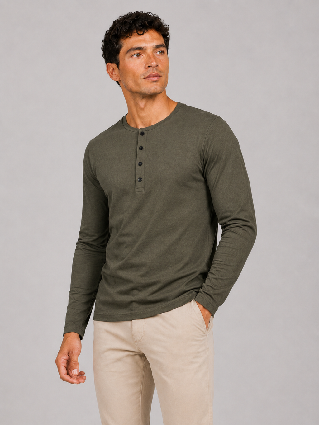 Men wearing army green fitted henley shirt long sleeve casual spring basic style