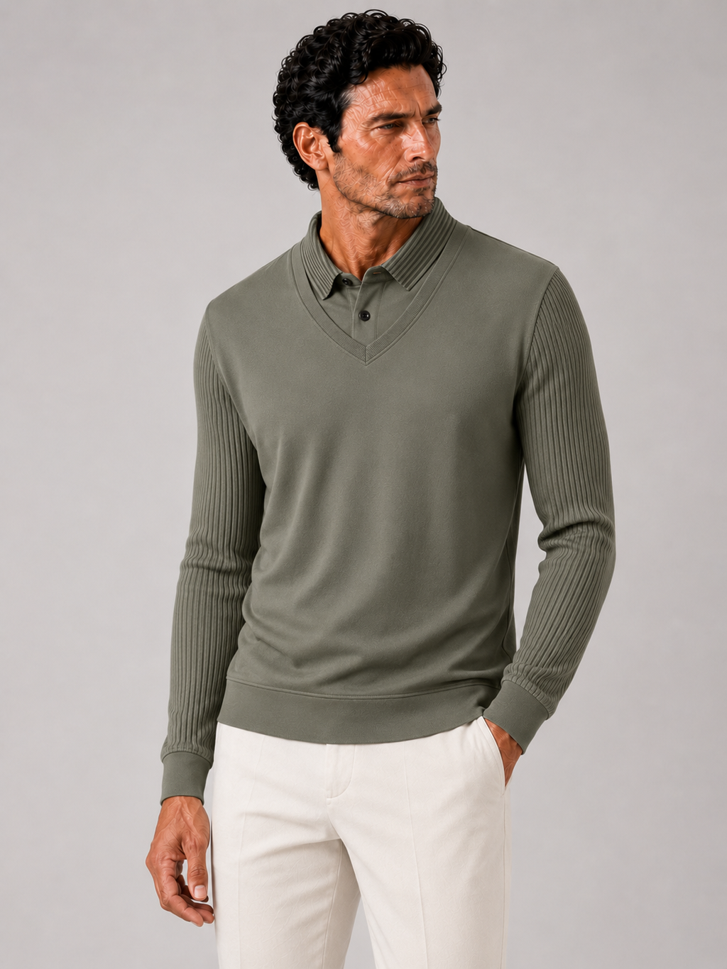 Men wearing army green long sleeve polo shirt lightweight solid color business casual office style