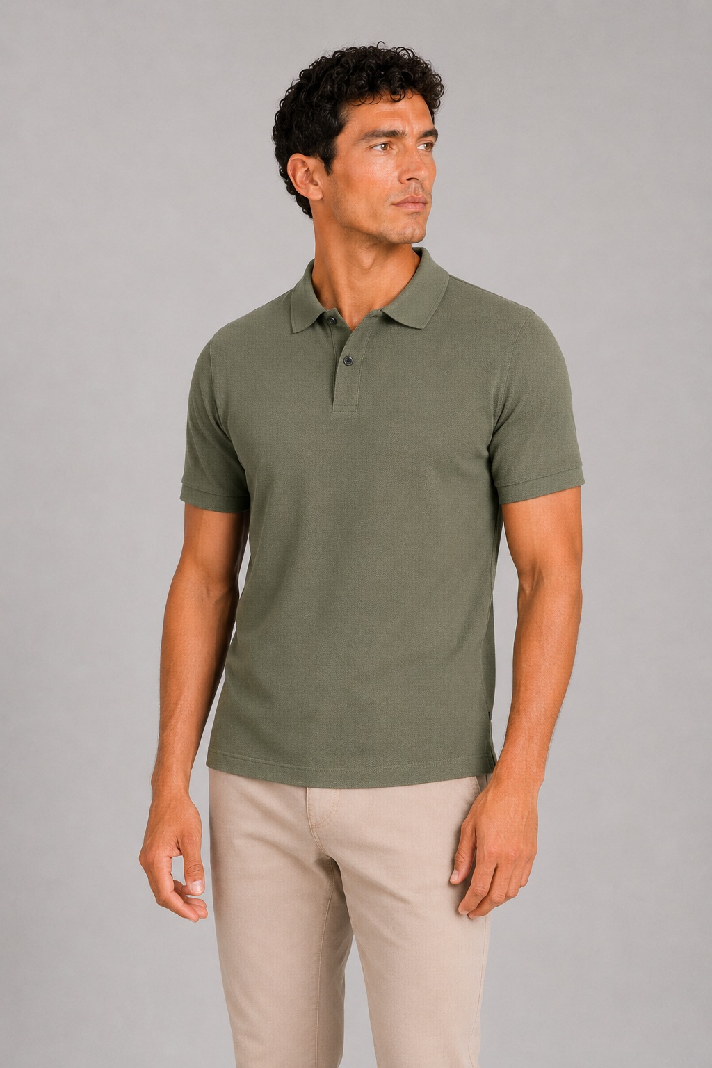 Men wearing army green silk touch polo shirt breathable short sleeve summer business casual style