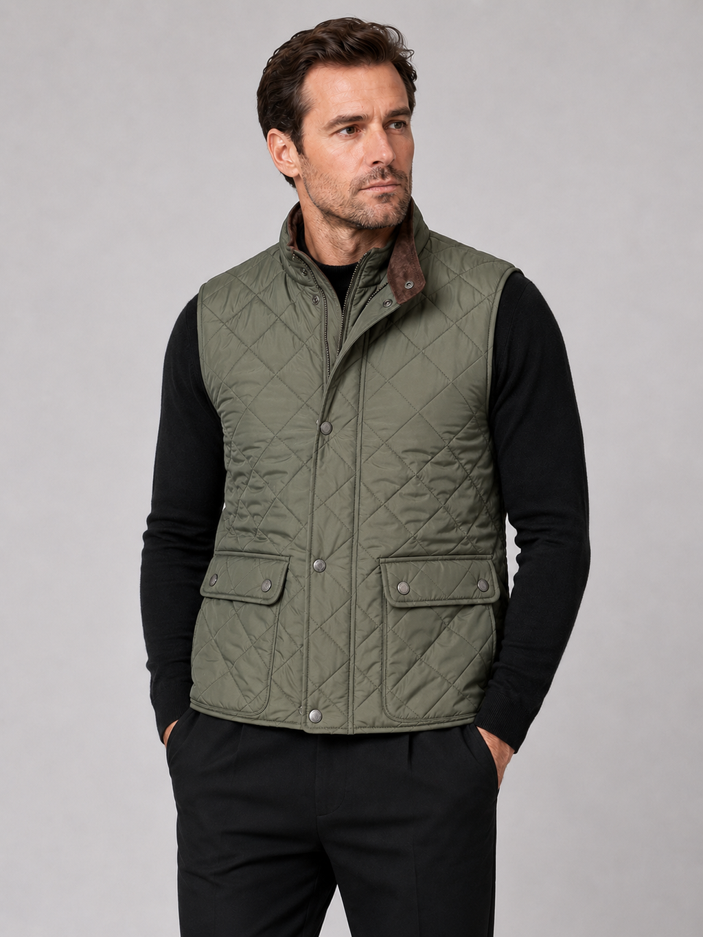 Front view of a man wearing an army green quilted vest with a polo collar, padded construction, and multiple utility pockets