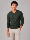Men wearing army green v neck knit sweater slim fit long sleeve lightweight fall casual style