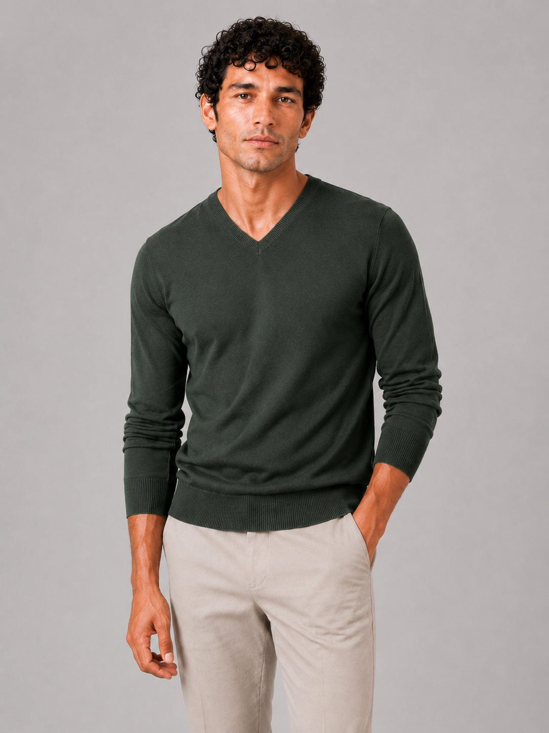 Men wearing army green v neck knit sweater slim fit long sleeve lightweight fall casual style