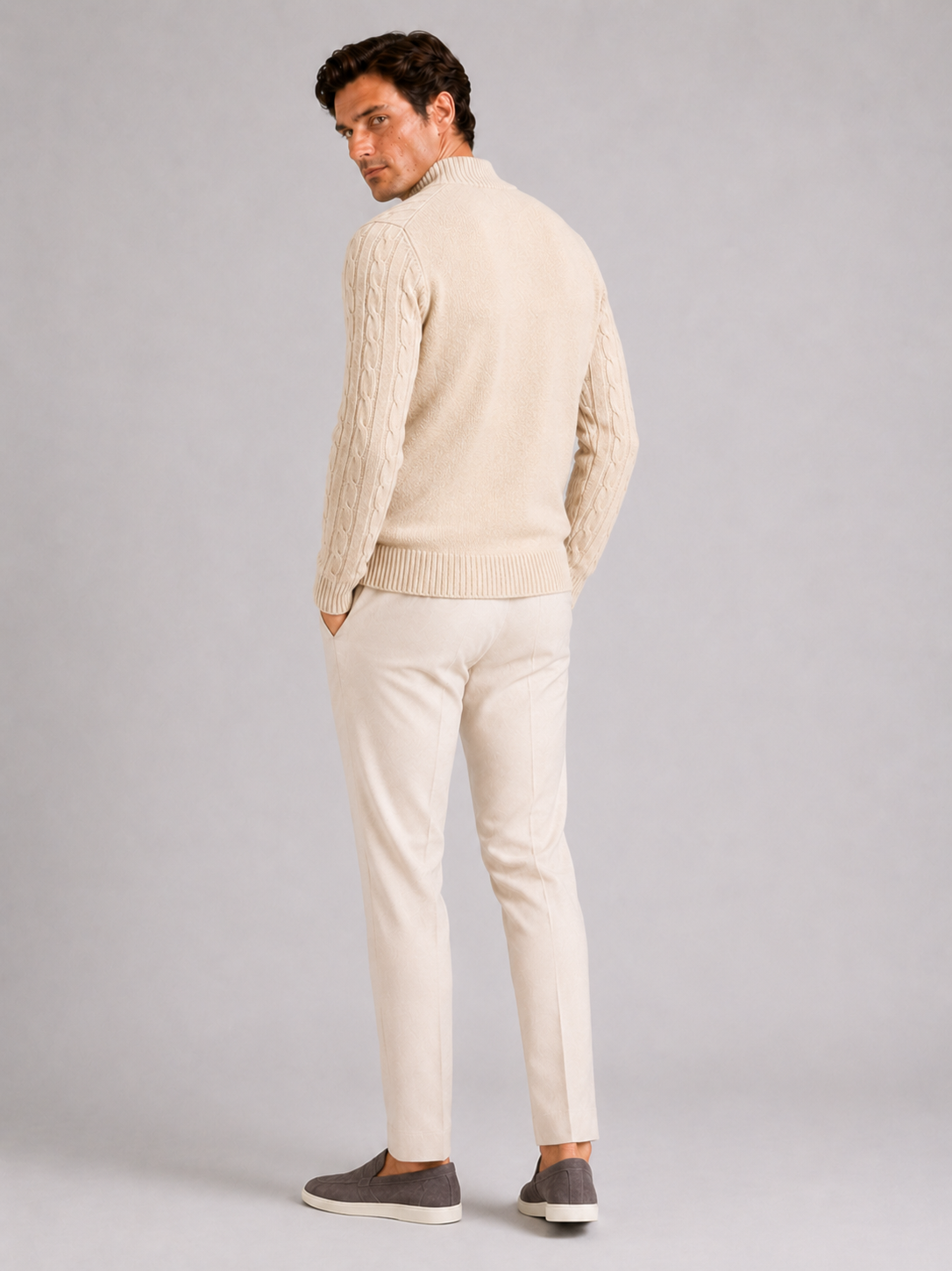 Men’s beige 100 percent wool sweater comfortable knit top for business casual outfits