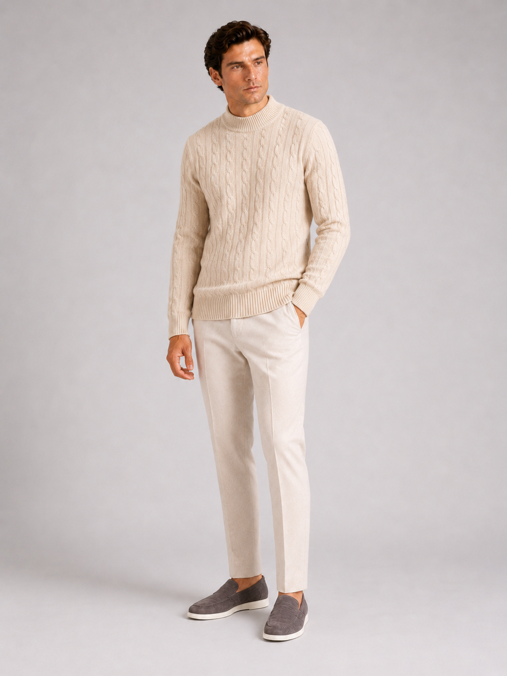 Beige wool cable knit mock neck sweater for men warm pullover for everyday winter wear