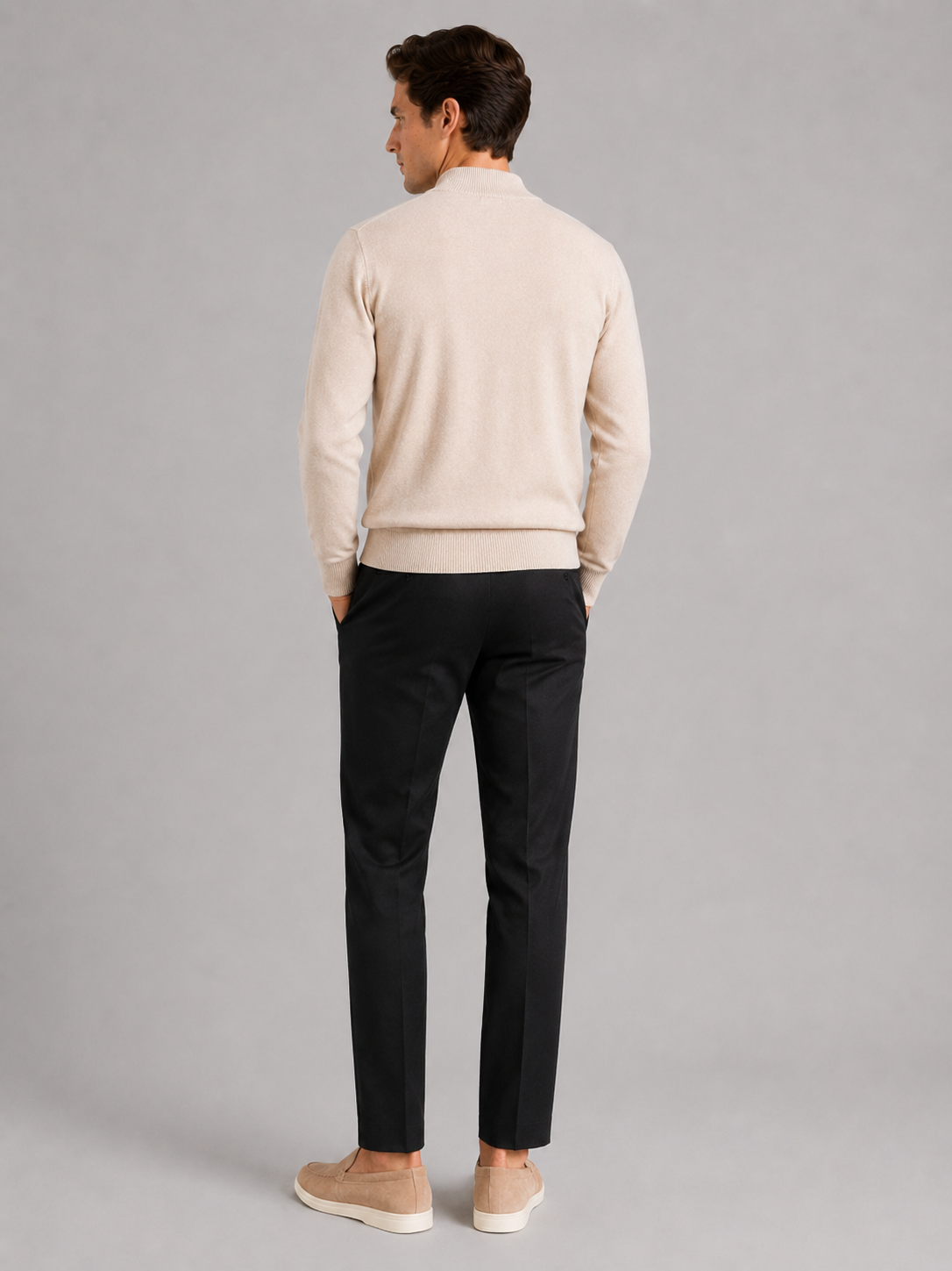 Men’s beige 100 percent wool sweater comfortable knit top for business casual and smart casual outfits