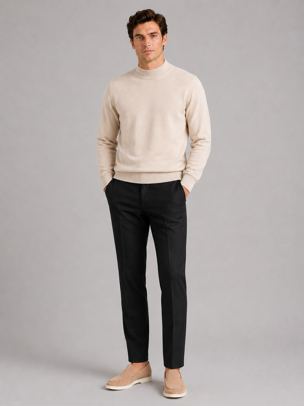 Beige wool mock neck sweater for men warm winter pullover for everyday and office wear