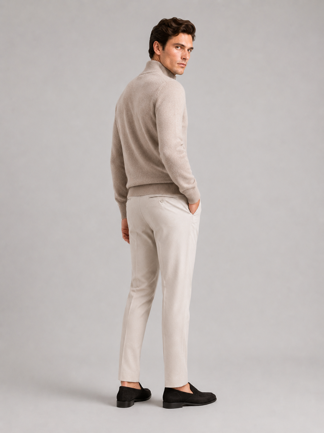 Men’s beige 100 percent wool sweater warm thick knit top for business casual outfits