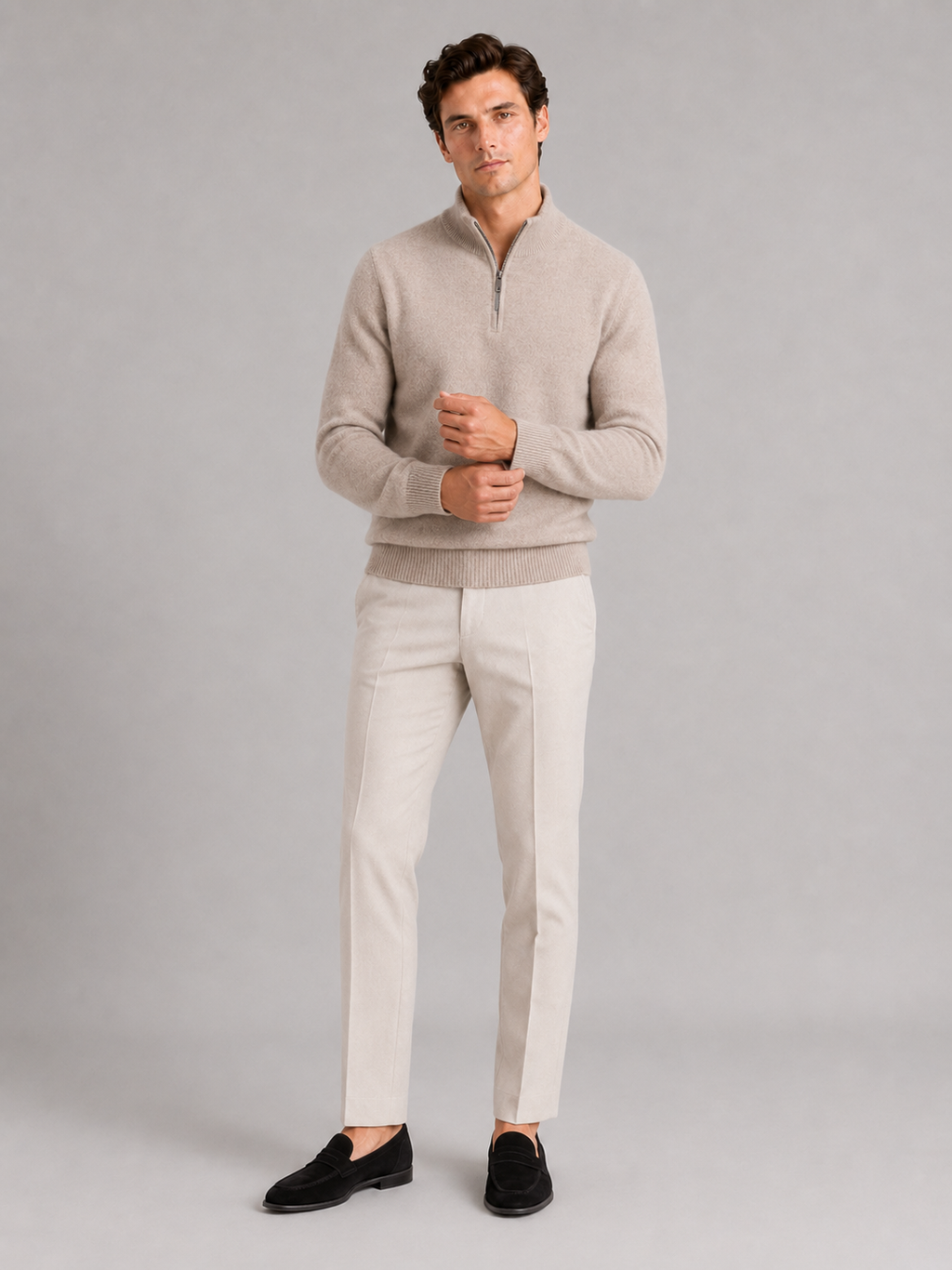 Beige wool half zip mock neck sweater for men breathable thermal pullover for winter wear