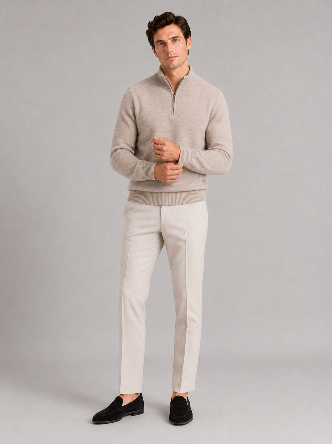 Beige wool half zip mock neck sweater for men breathable thermal pullover for winter wear
