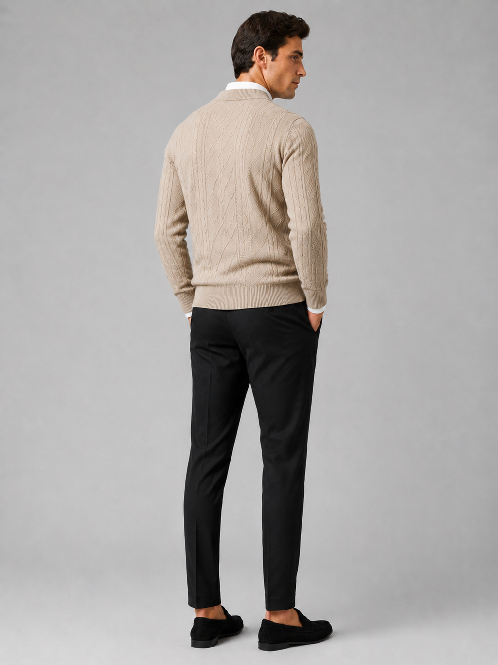Men’s beige single breasted cardigan sweater comfortable cable knit layer for business casual outfits