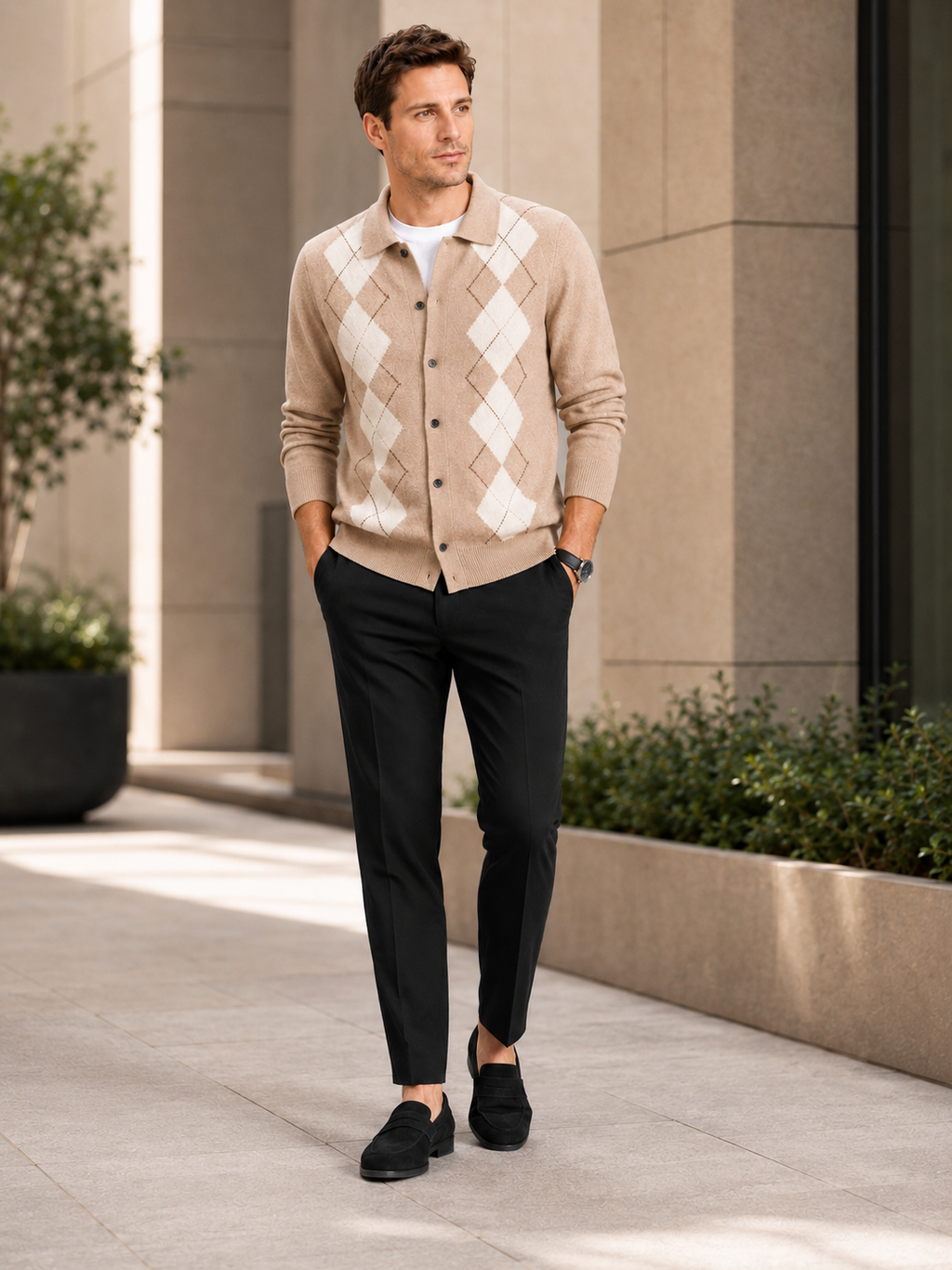 Man wearing a black argyle button-down cardigan sweater as a modern business casual fall winter layer
