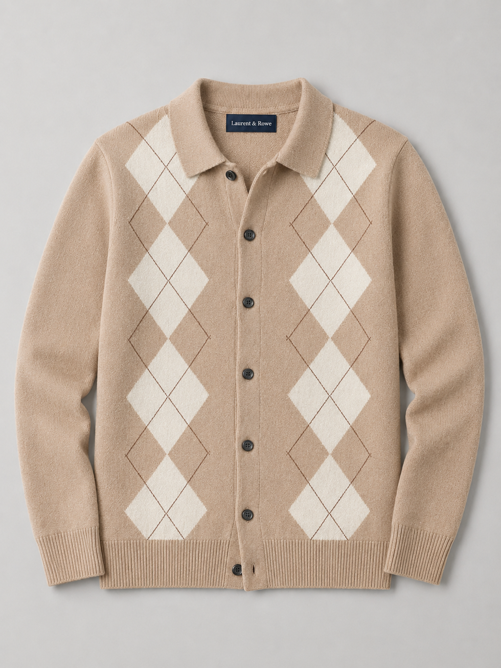 Black men’s argyle button-down cardigan sweater with a turn-down collar displayed on a plain background