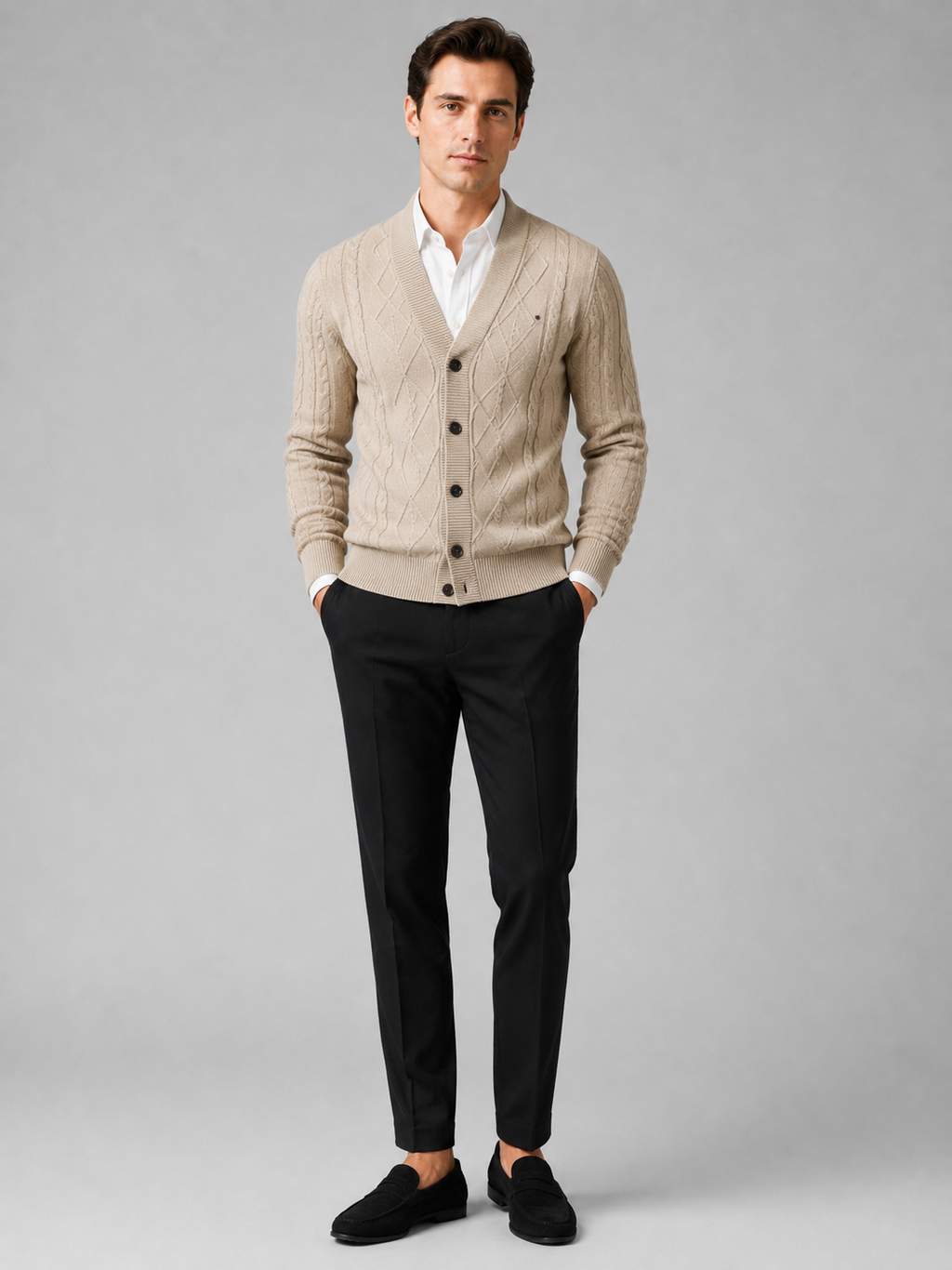 Beige argyle cardigan sweater for men cotton knit layer for office and everyday wear