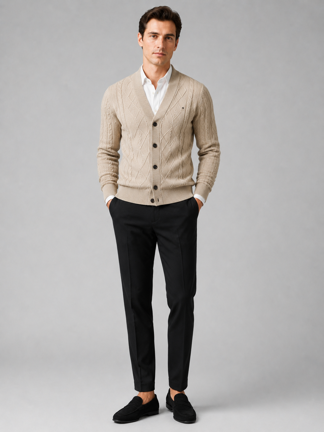 Beige argyle cardigan sweater for men cotton knit layer for office and everyday wear