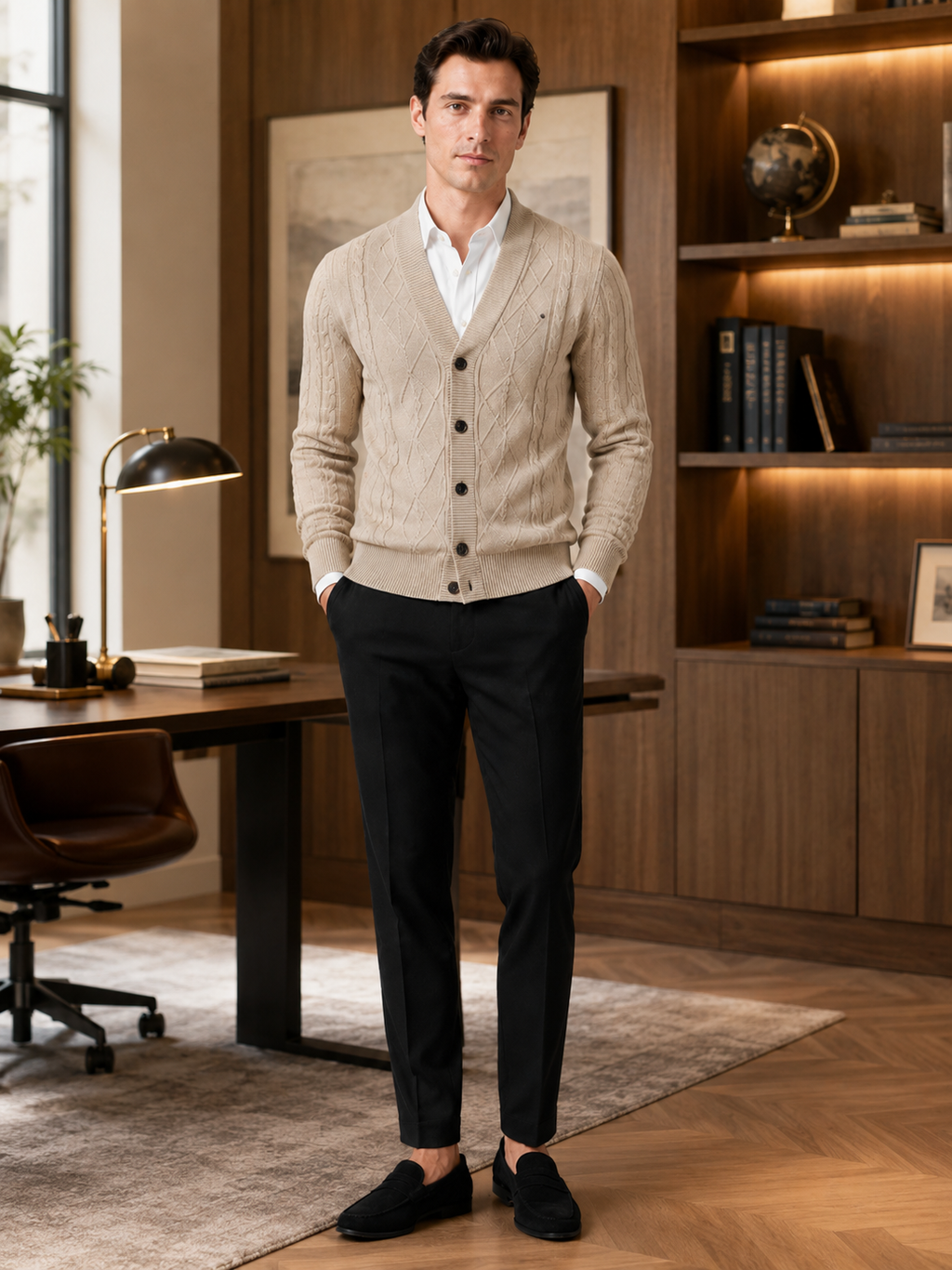 Man styling beige argyle cardigan sweater in a refined office and fall winter lifestyle outfit