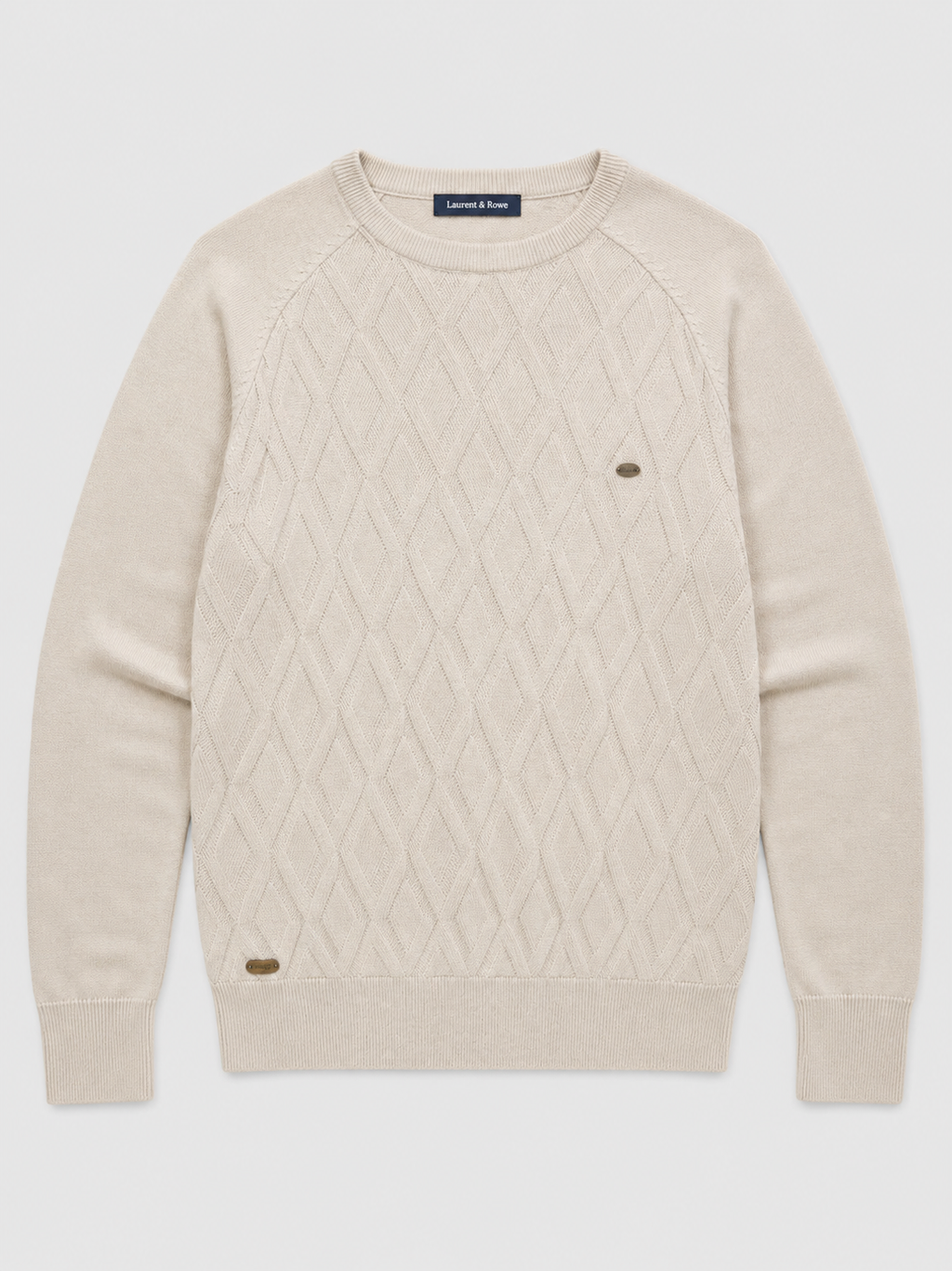 Beige men’s argyle crew neck knit sweater displayed on a plain background