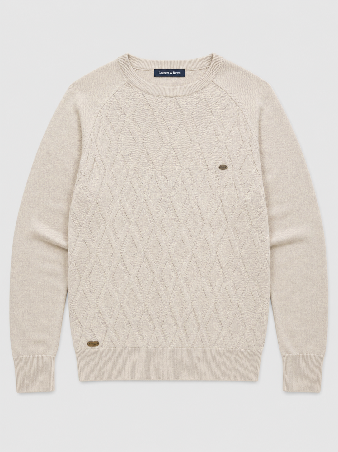 Beige men’s argyle crew neck knit sweater displayed on a plain background