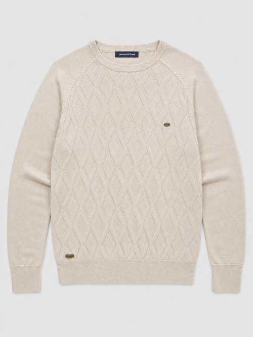 Beige men’s argyle crew neck knit sweater displayed on a plain background