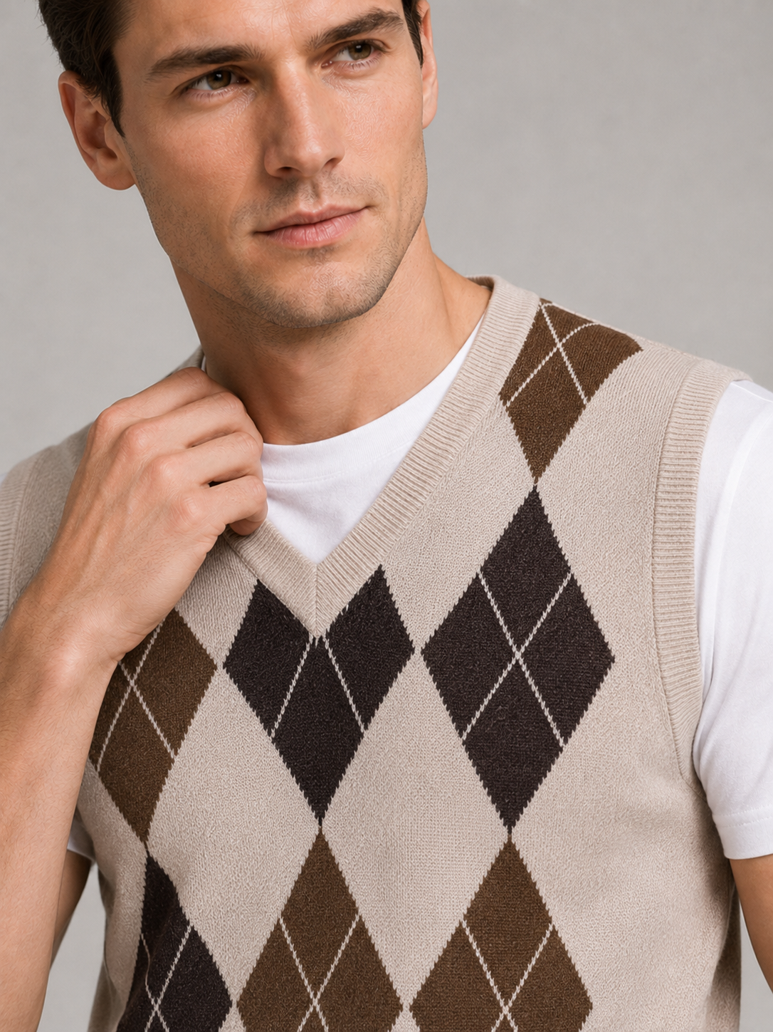 Close up of beige argyle sweater vest showing classic diamond knit pattern and refined v neck detail