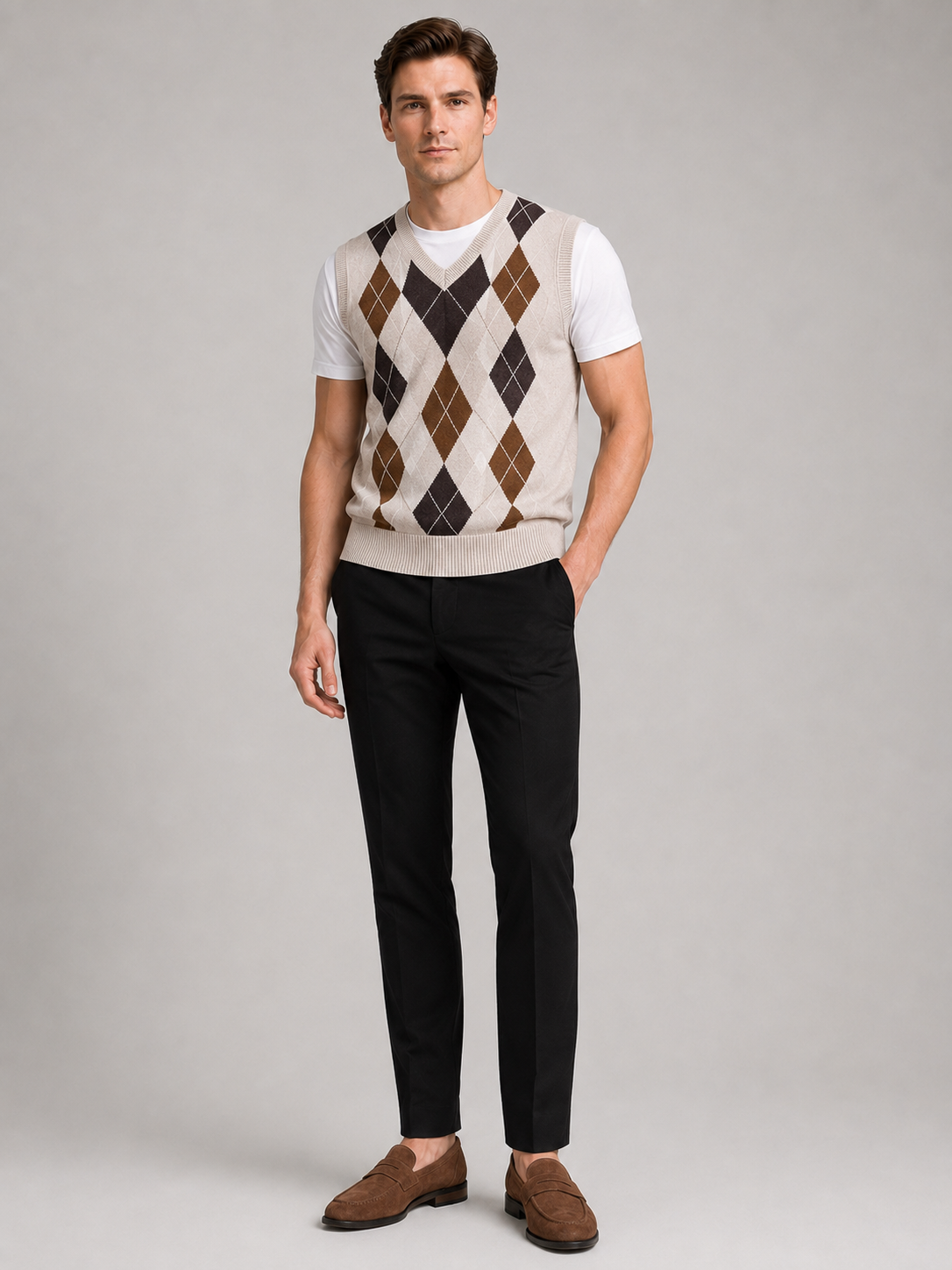 Beige argyle sweater vest for men slim fit knit layer for business casual and everyday wear