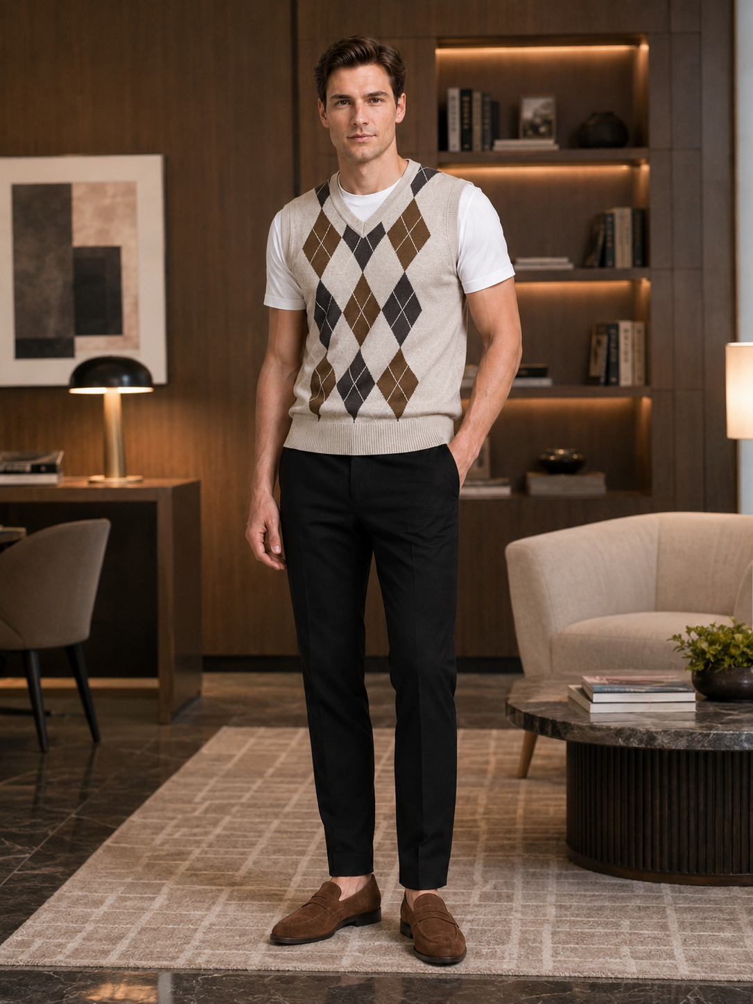 Man styling beige argyle sweater vest in a refined business casual and everyday lifestyle outfit
