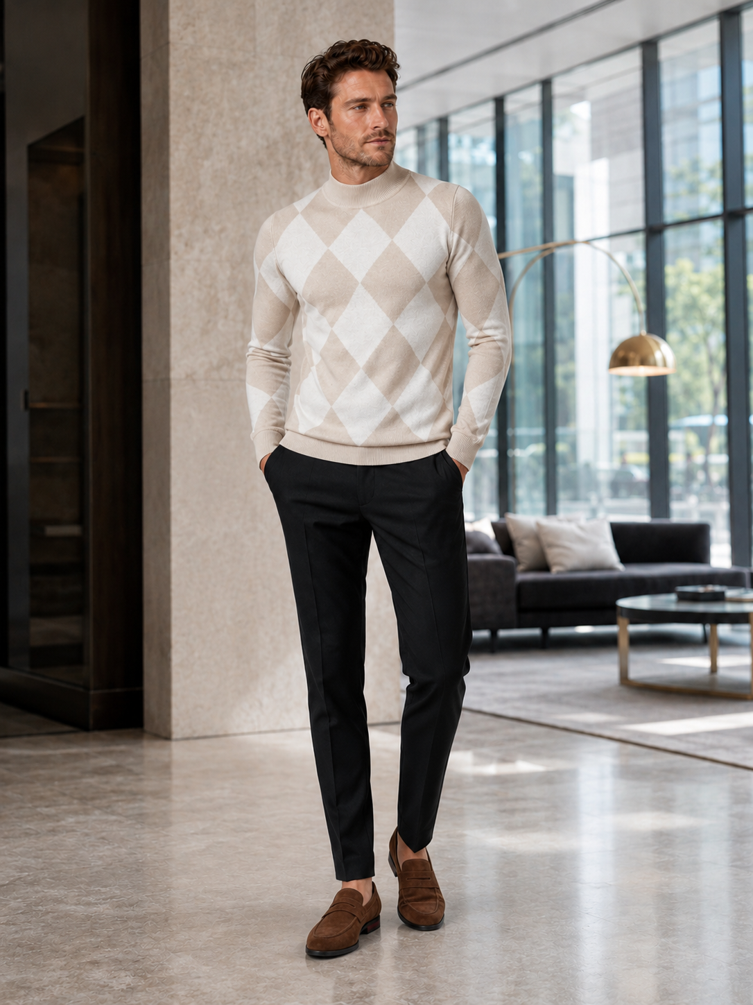 Man wearing a beige argyle slim fit turtleneck sweater in a refined business casual fall winter outfit