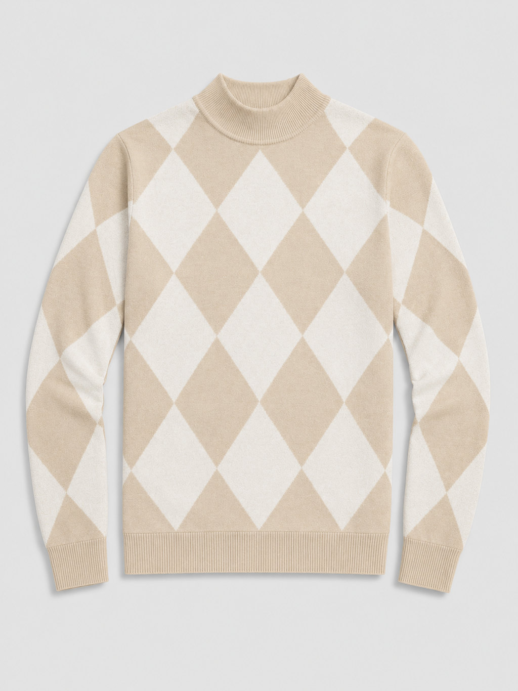 Beige men’s argyle turtleneck sweater with a slim fit and stretch knit construction displayed on a plain background