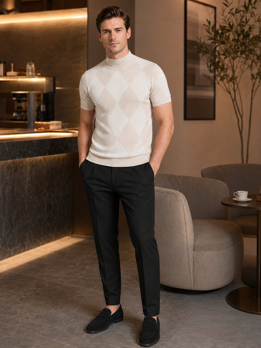 Man wearing a beige argyle turtleneck knit T-shirt in a refined business casual winter outfit