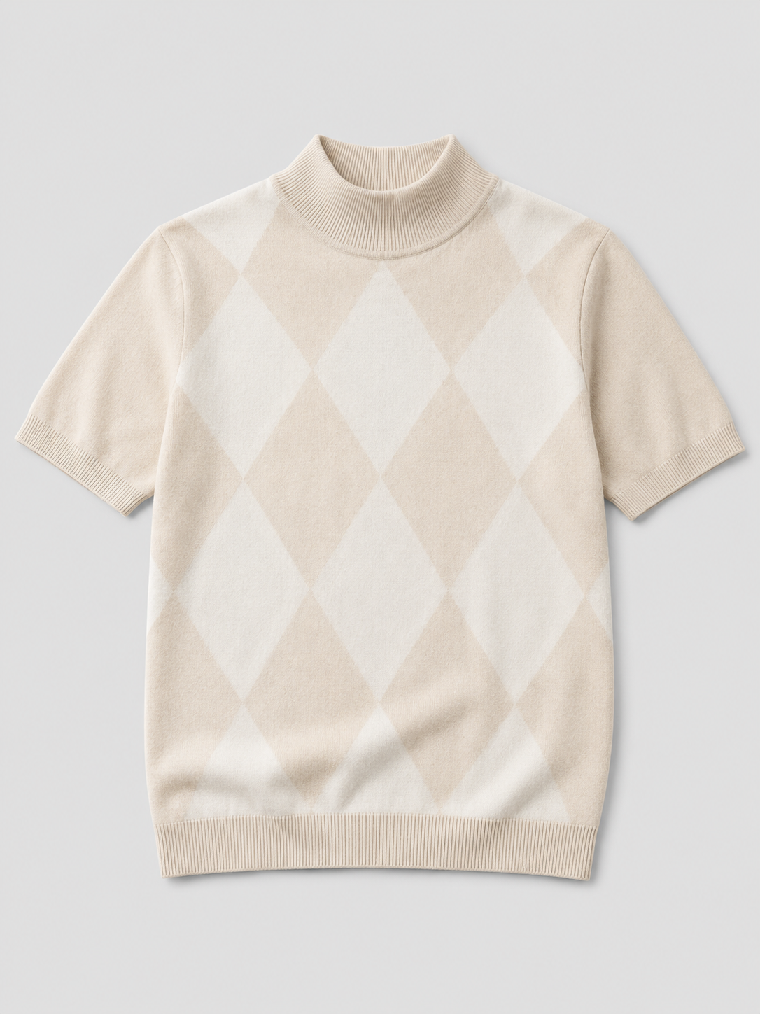 Beige men’s argyle turtleneck knit T-shirt with a diamond lattice pattern and slim fit displayed on a plain background