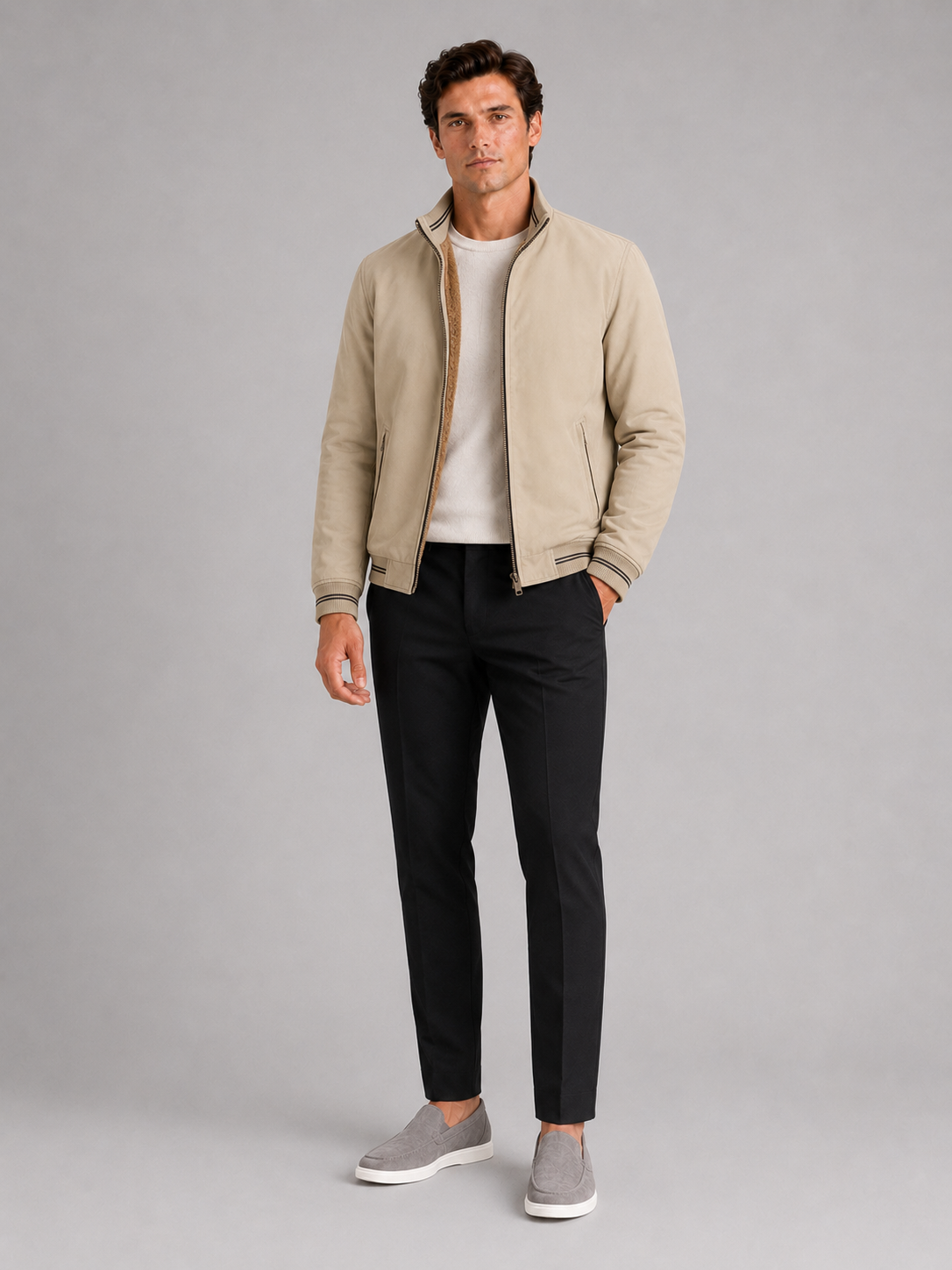 Beige aviator jacket for men thick warm outerwear for everyday fall wear