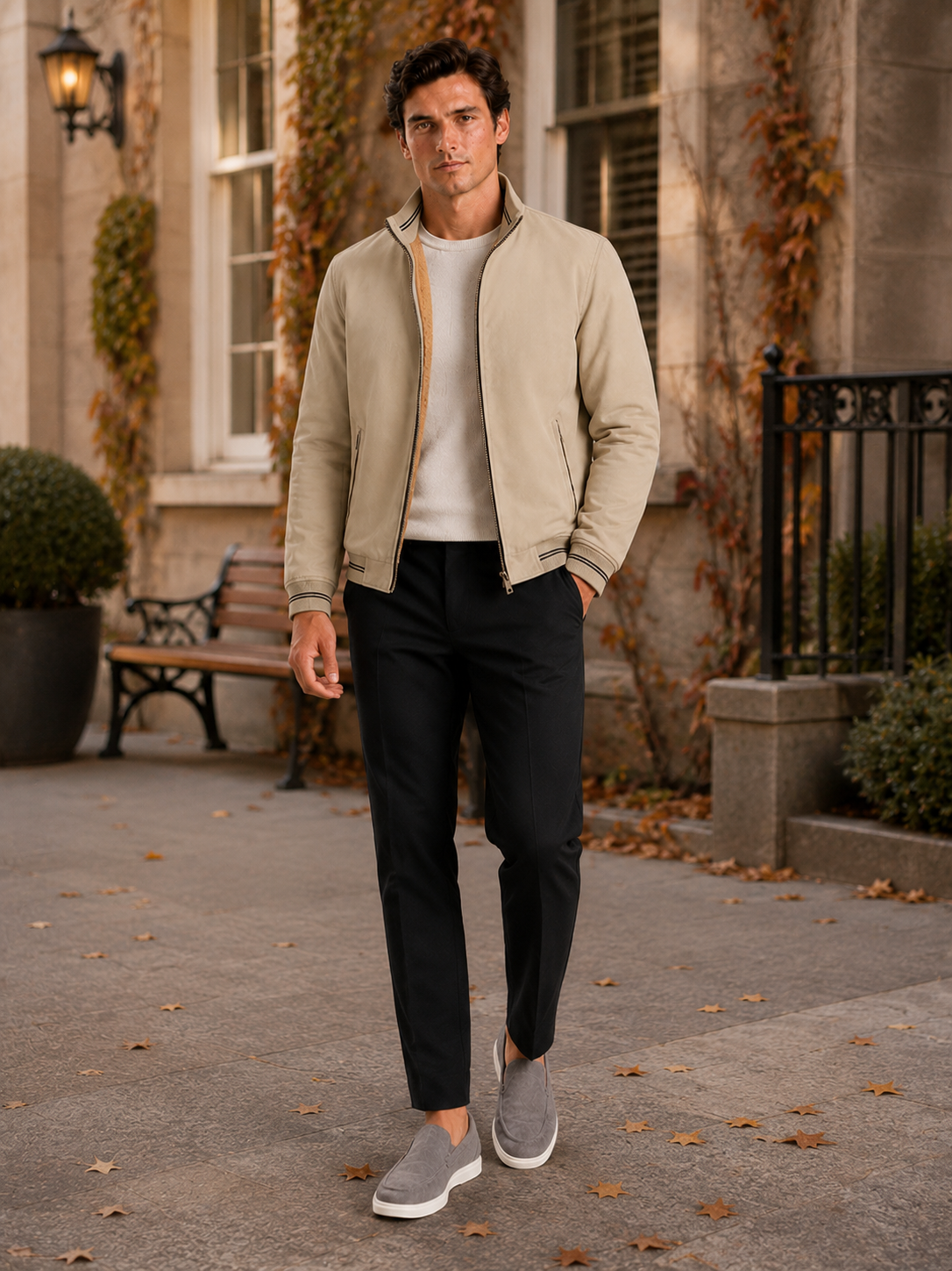 Man styling beige aviator fall jacket in a refined everyday lifestyle outfit