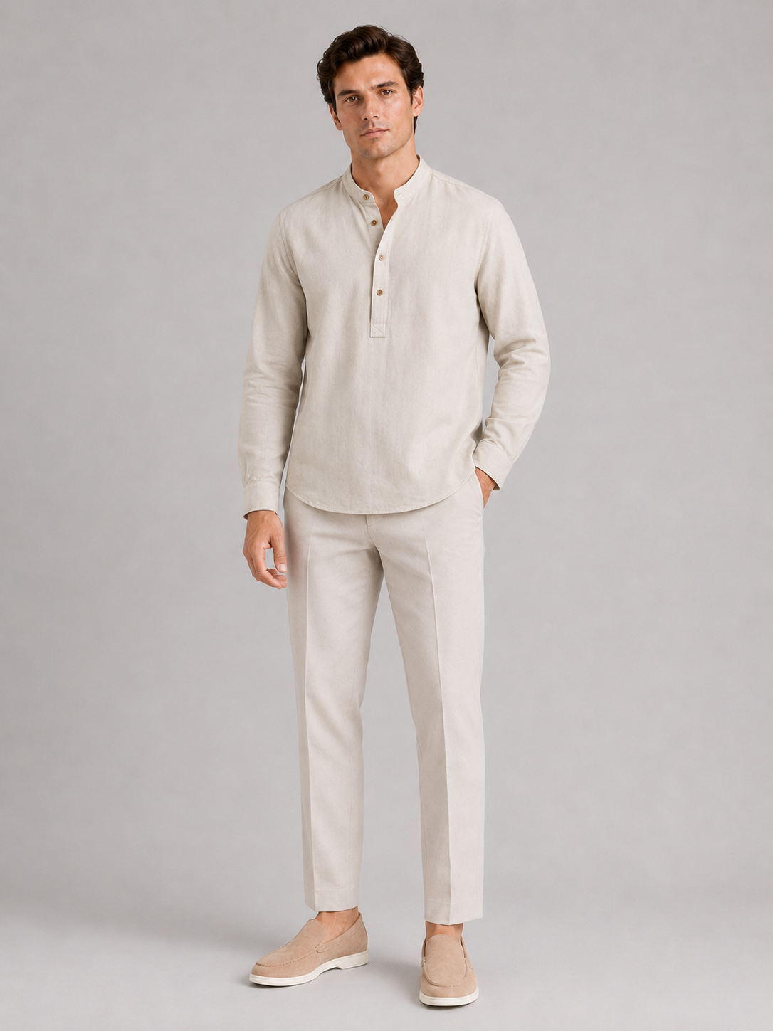 Beige band collar shirt for men loose fit long sleeve top for vacation and everyday wear